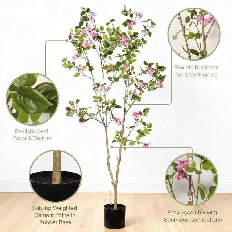 Realistic Artificial Bougainvillea Tree in Black Pot - Lifelike Faux Flowering Plant for Indoor Décor