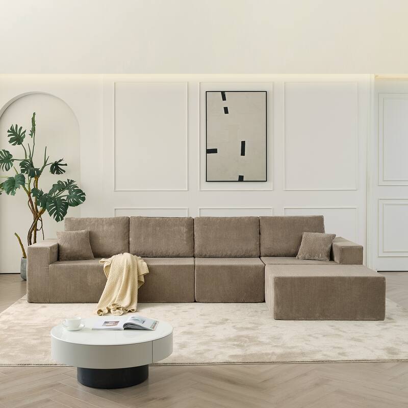 Modular L Shaped Sectional Sofa with Ottoman, Corduroy Boneless Cloud Sofa, 4 Seater Compressed Sofa with 2 Pillows