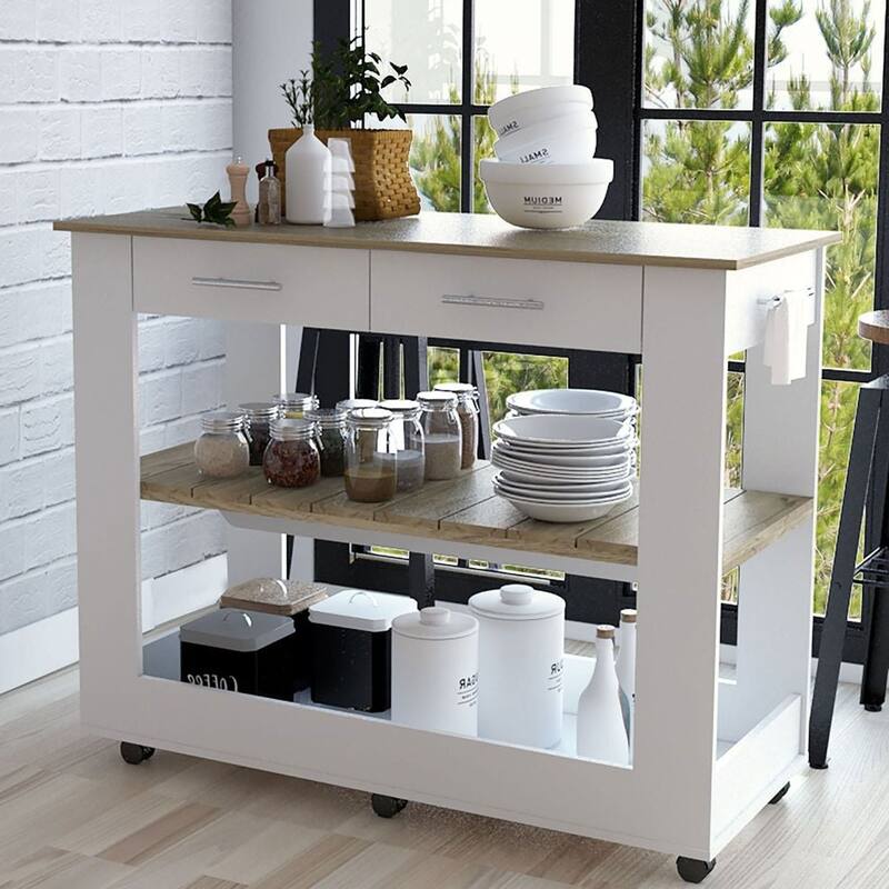 36" Kitchen Island with Storage Drawers, Casters, Towel Rack, White & Oak Finish, Modern Design - Multicolor