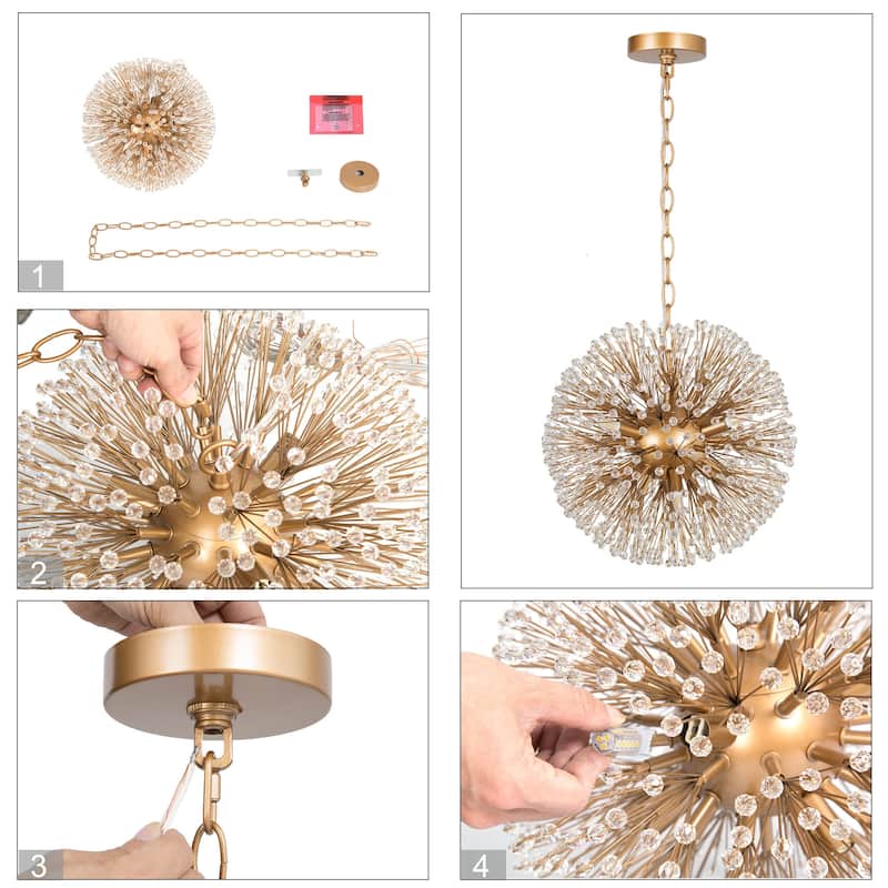 Kenira Mid-Century Modern Glam 6-Light Globe Starburst Chandelier Crystal Foyer Pendant Lights