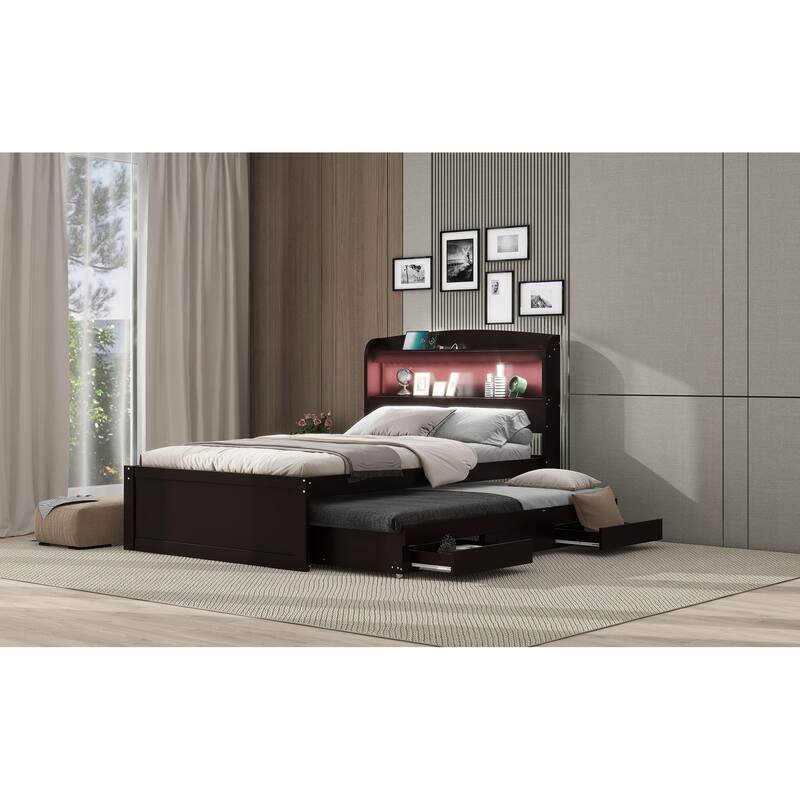 Twin XL Platform Bed with Storage, LED Headboard, Charging Station, Trundle, and Drawers, Dark Brown