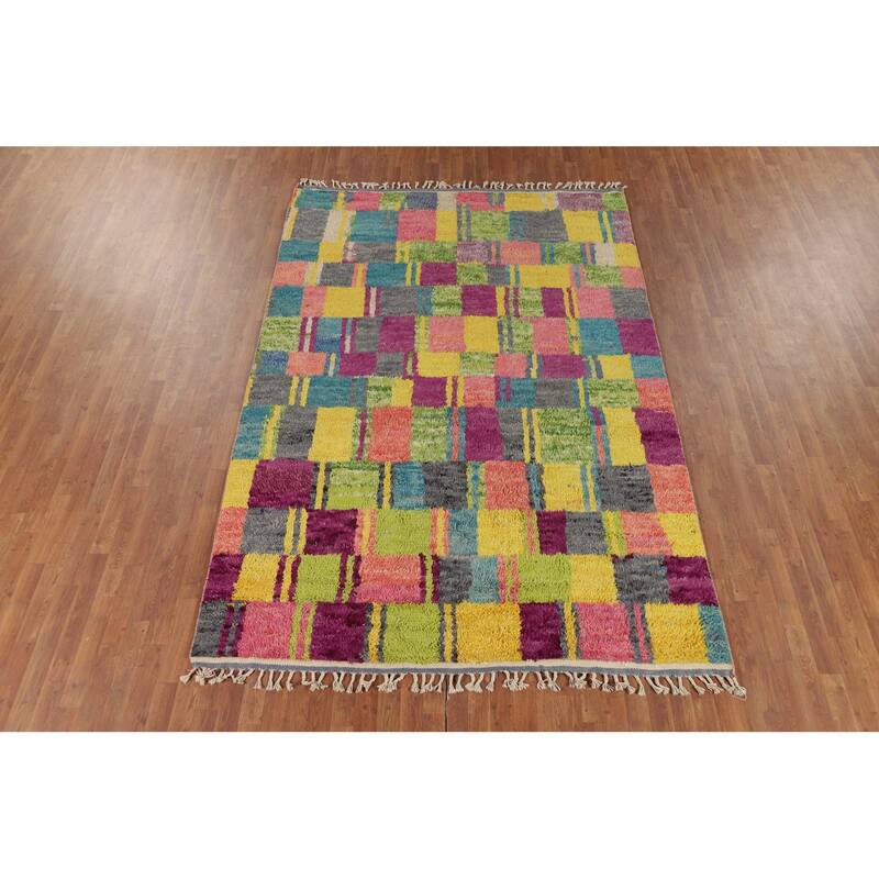 Colorful Checkered Moroccan Oriental Area Rug Handmade Wool Carpet - 6'10" x 10'6"