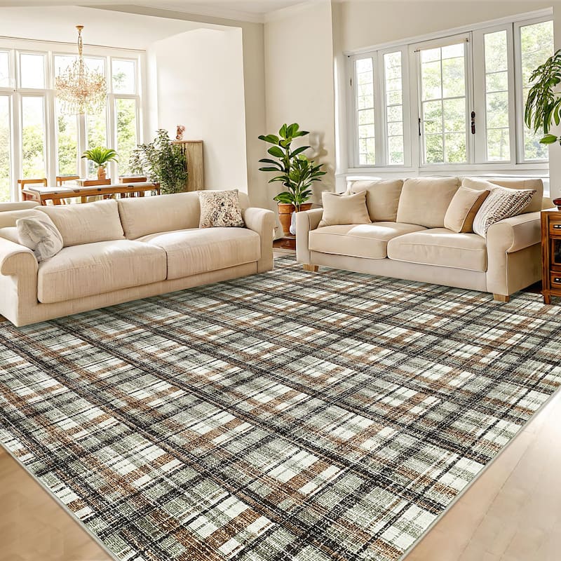 Garvee Timeless Check Washable Area Rug - 10'x13' - Green/Coffee