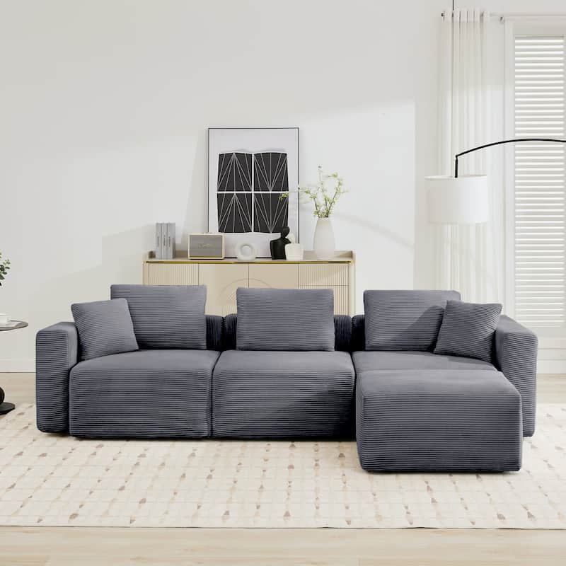 Corduroy Sectional Modular Sofa with Square Arms & Ottoman Extension for Flexible Arrangements