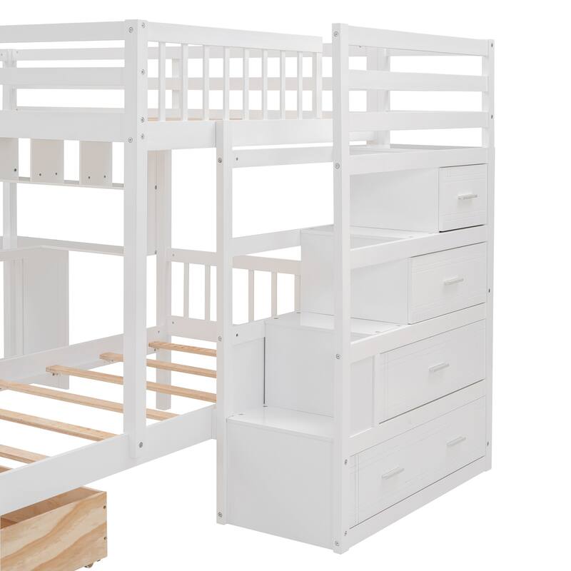 Full Over Twin Bunk Bed with Desk, Drawers, and Shelves in White