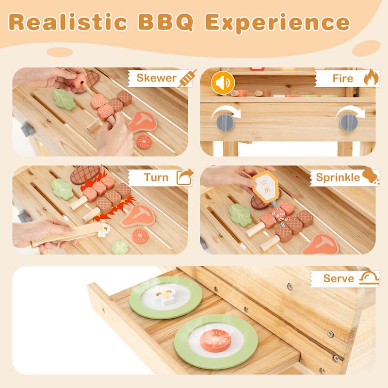 Wooden Play Barbecue Toy Set Kids Grill Play Set w/ Grilling Tools