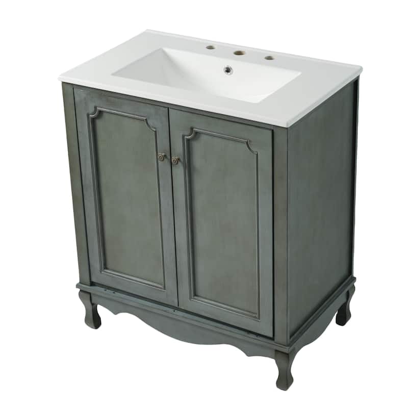 30" Bathroom Vanity with Rectangle Ceramic Sink, Antique Handles and 2 Doors, Solid Wood Legs and Adjustable shelves