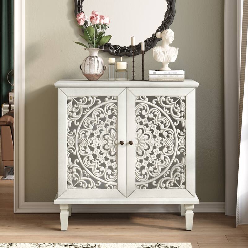 Roomfitters 2-Door Hollow-Carved Accent Cabinet, Symmetrical Floral Sideboard with Adjustable Shelf