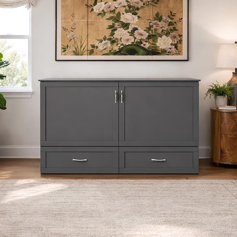 Hamilton Queen Murphy Bed Chest with 6" Mattress, Storage Drawer & Built-In Charger in Grey