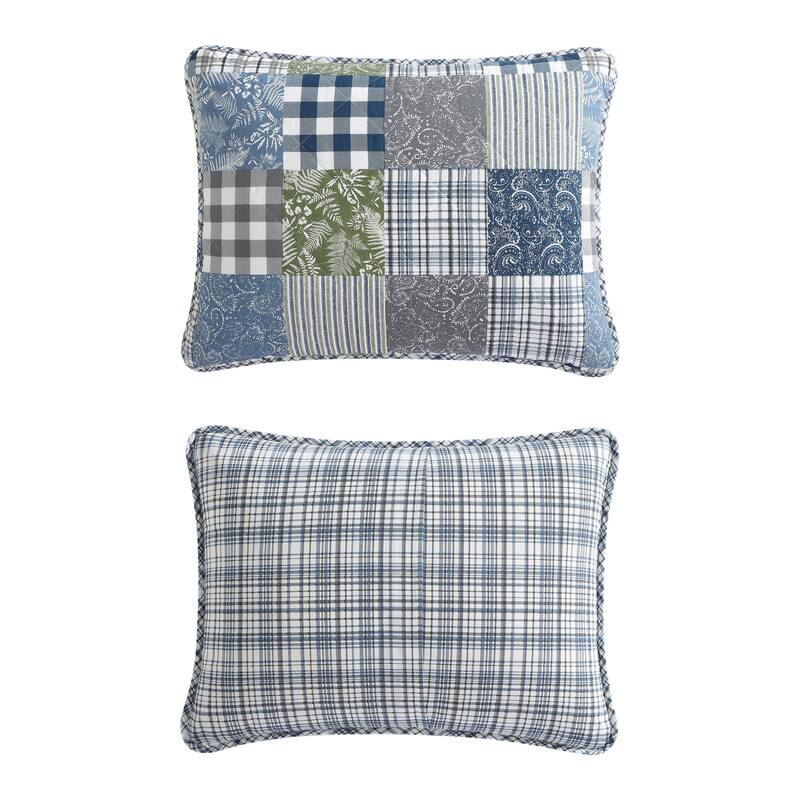 Eddie Bauer Cozy Plaid Patchwork Cotton Reversible Blue Quilt Set
