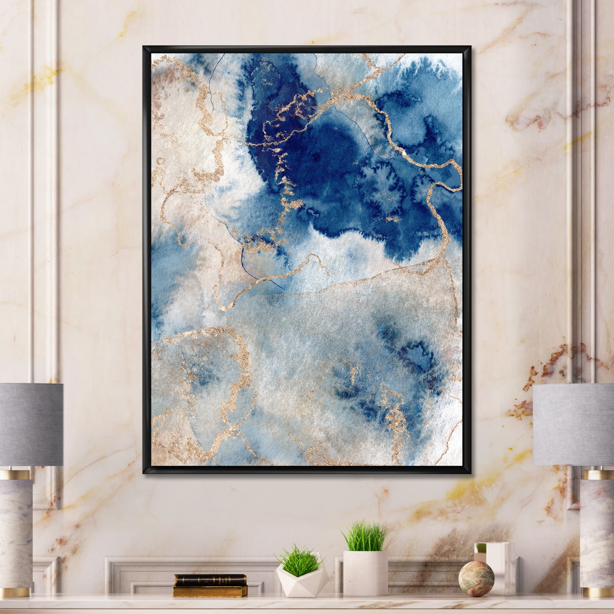 Blue Teal White Gold Marble Abstract Canvas Wall Art Large Picture Prints 