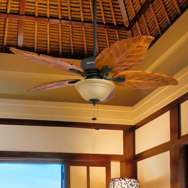 52" Honeywell Royal Palm Bronze LED Ceiling Fan with Hand Carved Solid Wood Blades