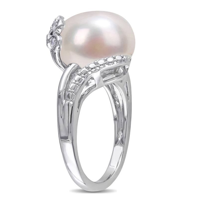 Miadora Cultured Freshwater Pearl 1/6ct TDW Diamond Wrap Necklace Ring Set Sterling Silver