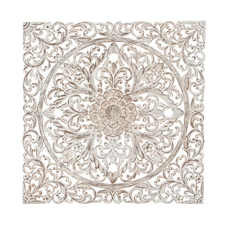Wood Floral Handmade Intricately Carved Mandala Home Wall Decor with Brown Distressing - White - Roche River Decor - White
