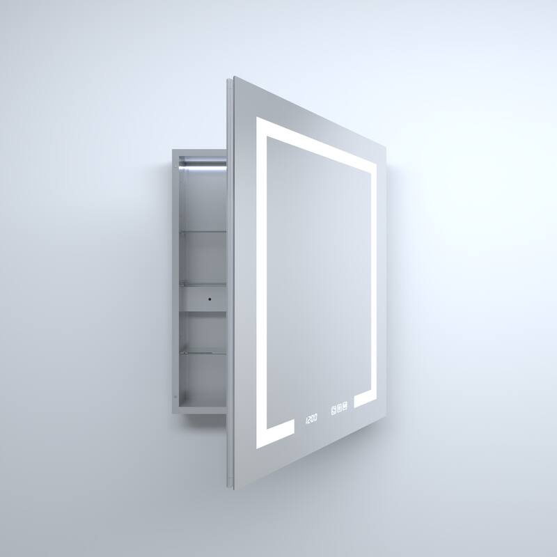 GDFStudio - Delmar Modern Aluminum LED Lighted Medicine Cabinet with Mirror Anti Fog and Digital Clock