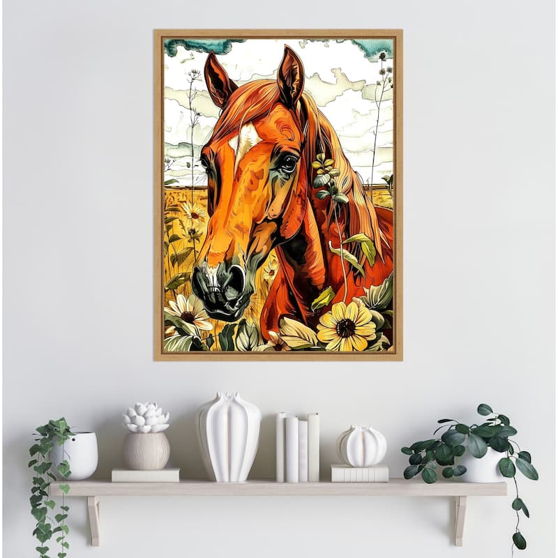 Horse and Daisies by Justyna Jaszke Framed Canvas Wall Art