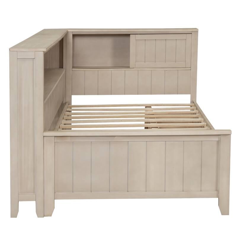 Roomfitters Twin/Full Wood Daybed with Storage Shelves and Multi-Use Underbed Compartments, Cream