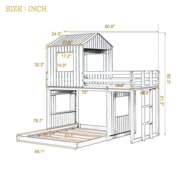 Farmhouse Design Twin Over Full Wood Bunk Bed,House Design Bed with Roof and Guardrails,Built-In 3-Step Ladder