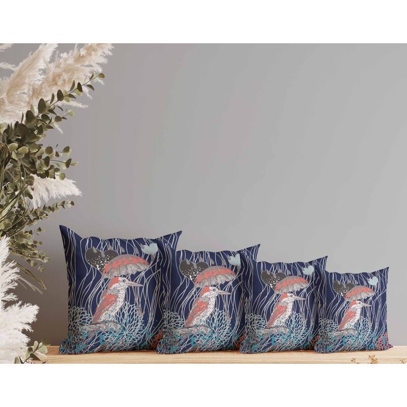 Bird with Umbrella Indoor/Outdoor Reversible Throw Pillow Blue and Copper
