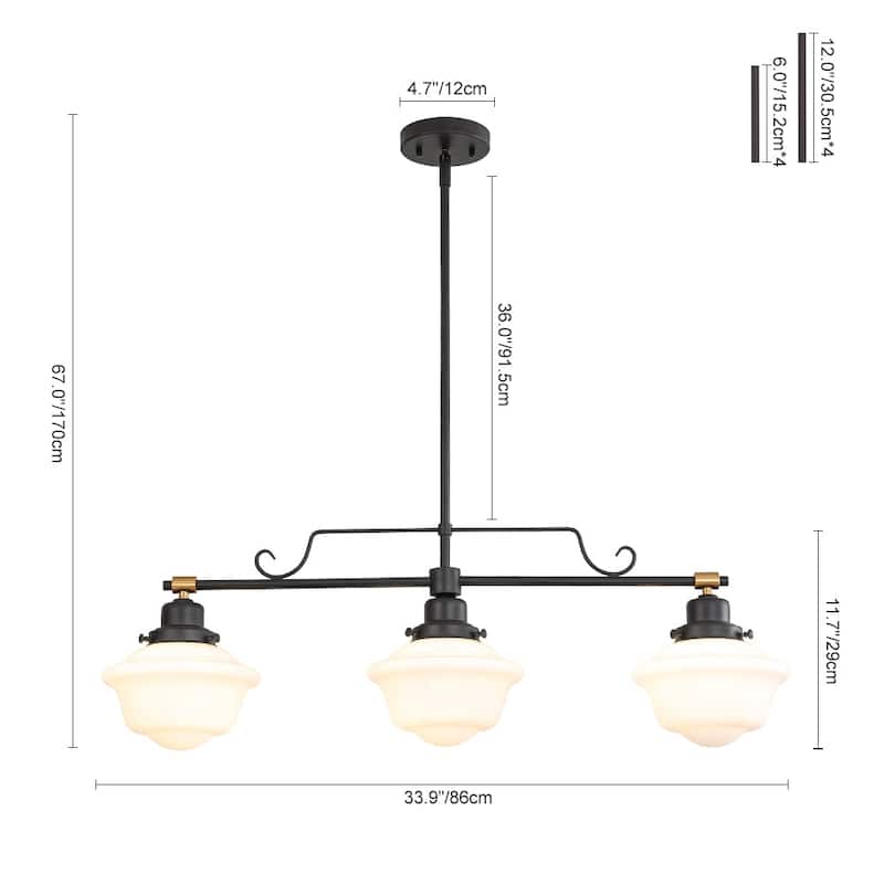 Vintage 3-Light School House Glass Linear Chandelier