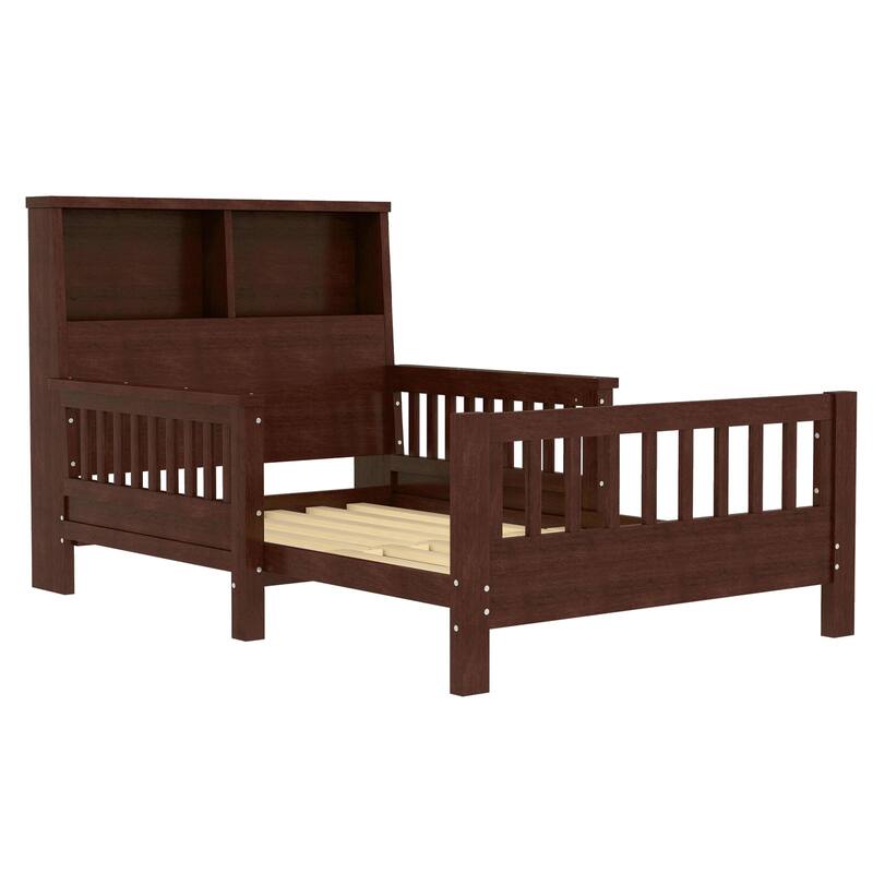 Pull Out Twin Size Platform Bed Converted into Baby Crib and Sofa with Storage Headboard and Removable Footboard
