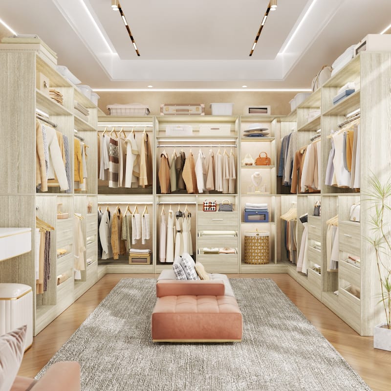 Qvella Corner Closet System with 6 Wooden Drawers and 6 Hanging Rods, Closet Organizer Wardrobe for Walk-in/Reach-in Closet