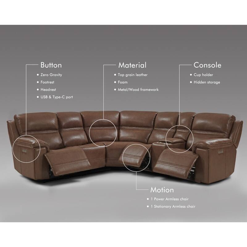 121" W Genuine Leather Dual-Power Sectional Sofa with Two Consoles, Zero Gravity, UsB & Type-c Ports and1 Power armless chair