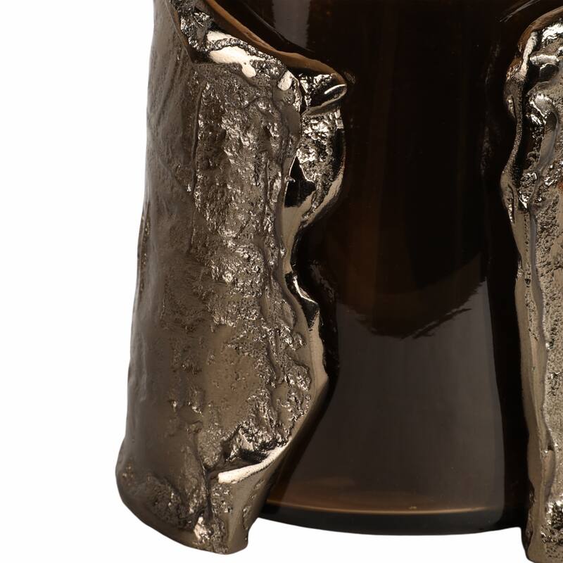Candle Holder - Brown Glass with Metal Wraparound