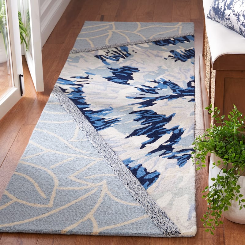 SAFAVIEH Handmade Fifth Avenue Hitje Modern New Zealand Wool - 2' 3" x 8' - Light Blue/Navy - Runner
