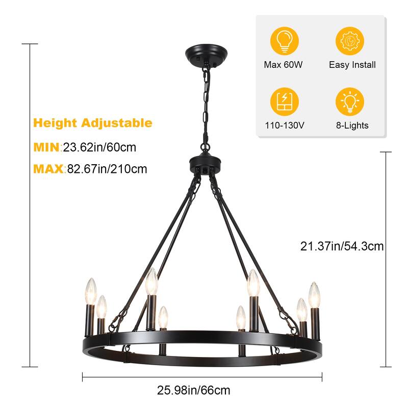 25.98" Wide 8-Light Farmhouse Chandelier, Wagon Wheel Chandelier for Dining Room Living Room Bedroom Kitchen