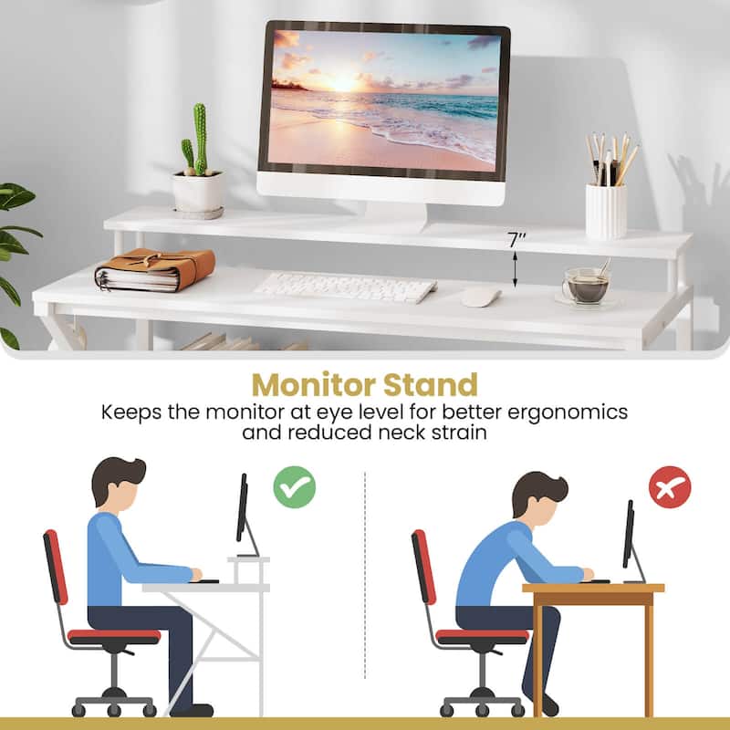 Costway Home Office Desk with Monitor Stand, Open Shelf & Metal Frame, - See Details