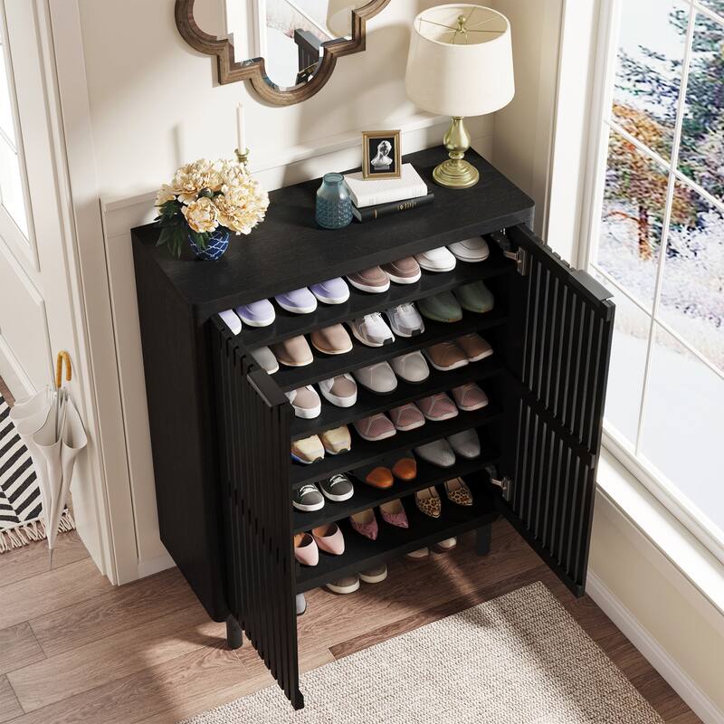 Wooden Shoe Cabinet with Shutter Doors, Adjustable Shelves Large Hidden Storage Organizer Rack for Entryway Hallway