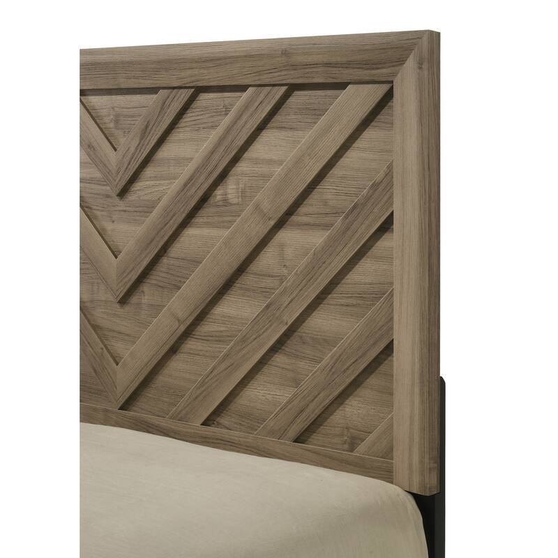 Queen Size Chevron-Patterned Headboard Bed in Light Brown Warm Wood Finish