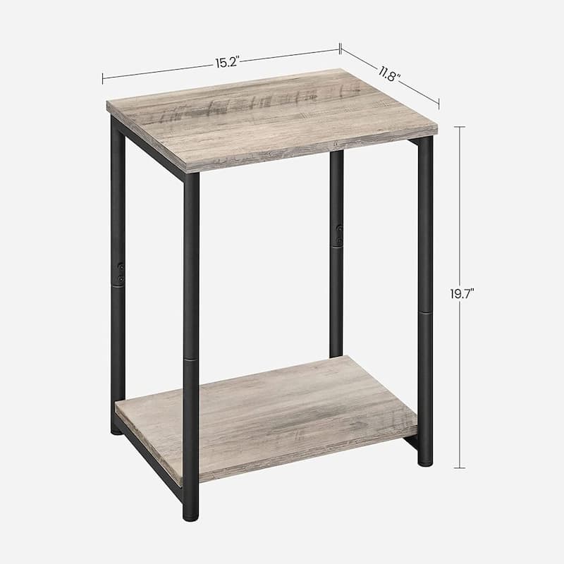 Greige Black Industrial Side Tables Set of 2 with Storage Shelves Steel Frame and Adjustable Feet - 15.2"L x 11.8"W x 19.7"H