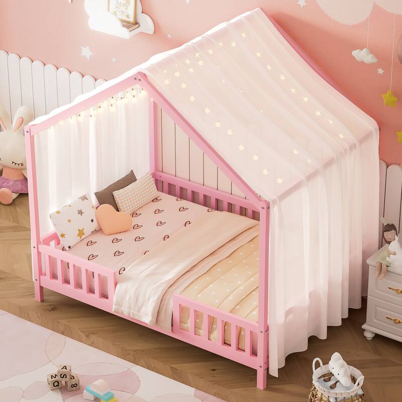 Montessori Bed, House-shape Frame Platform Bed for Kids Toddler, Wood House Daybed with High Railings and Roof, Canopy Bed Frame - Pink - Full