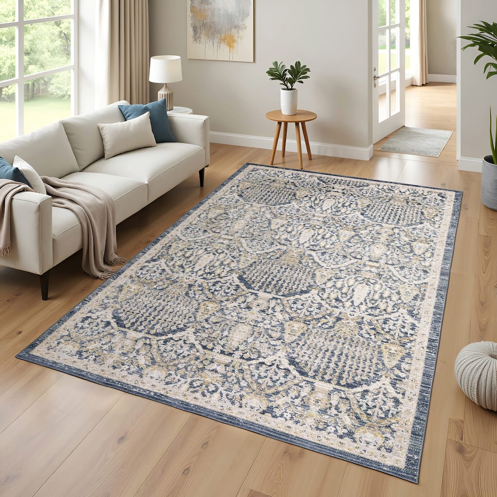 Calliope Textural Distressed Traditional Navy/ Gold Area Rug