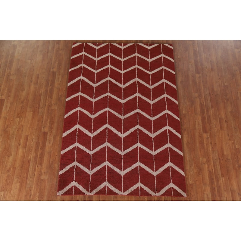 Hand Knotted Oriental 100% Wool Carpet Modern Chevron Red Gabbeh Area Rug - 7' 11'' X 5' 3''