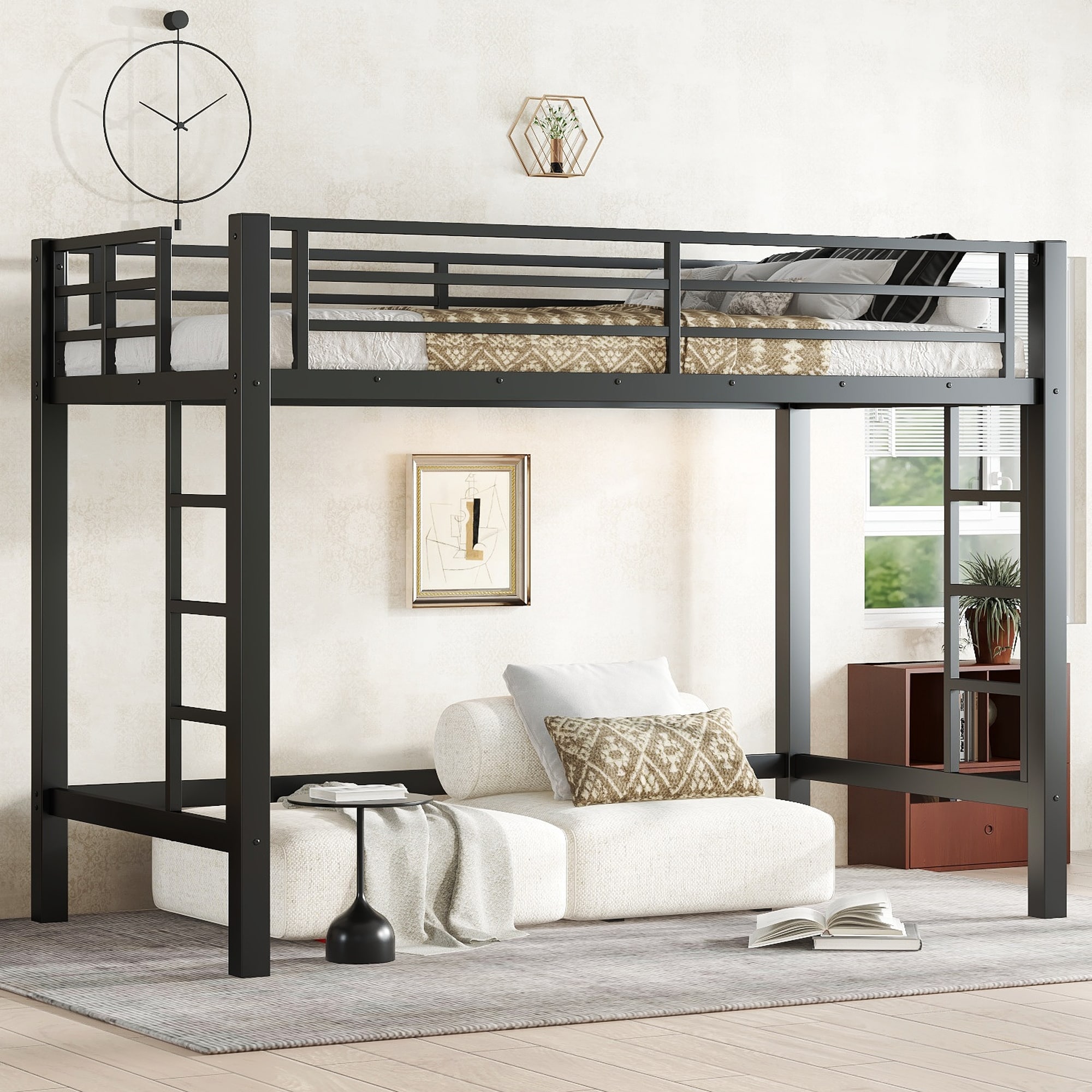 Twin/Full/Twin XL Size Metal Loft Bed with Easy Climbing Ladder and Guardrails