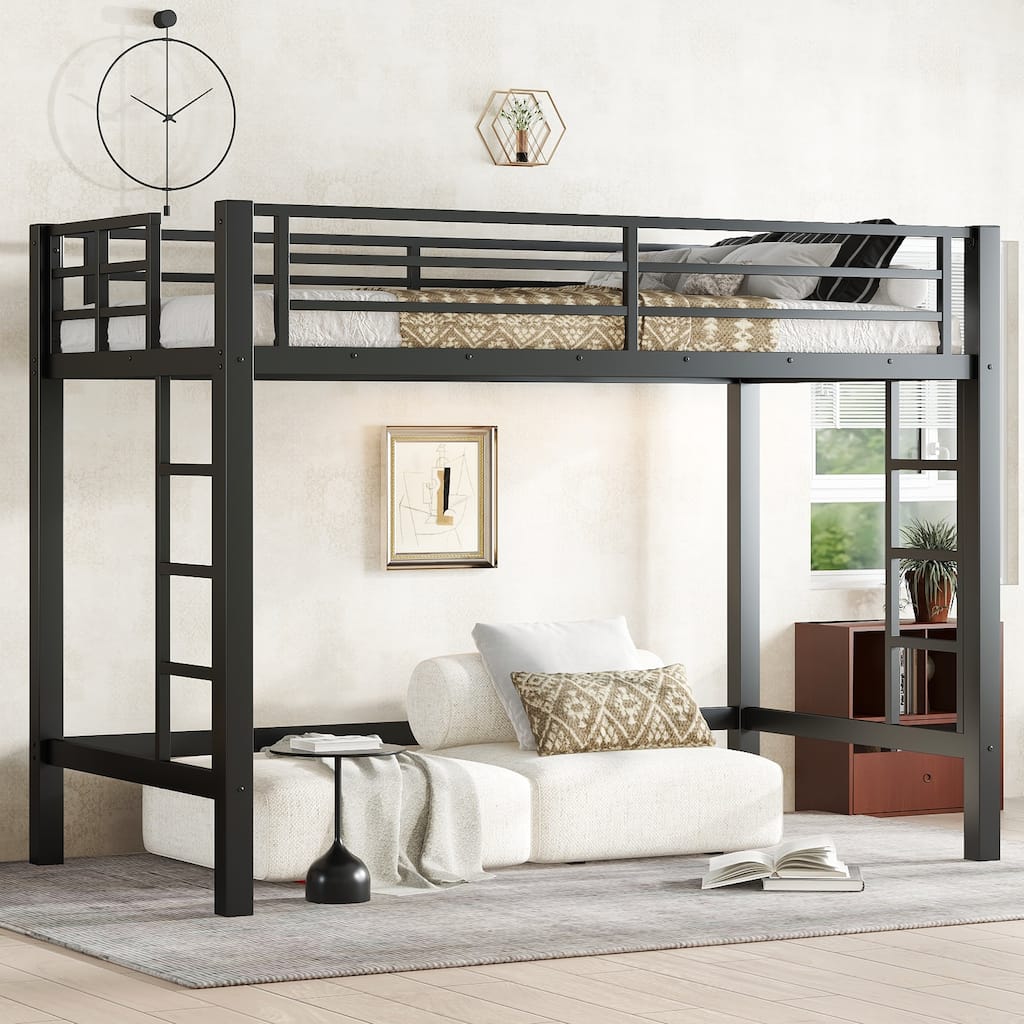 Twin XL Size Metal Loft Bed, Loft Bed with Easy Climbing Ladder and Guardrails , Black