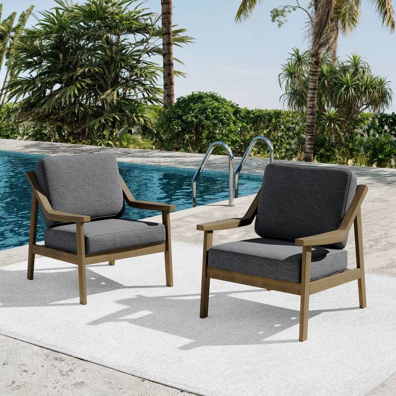 Outdoor Patio Club Chair Arm Lounge Cushion Chair (Set of 2) - NaturalFrame-Dark Grey