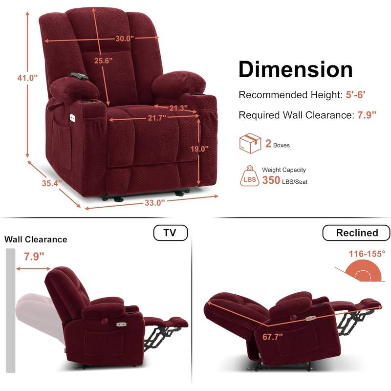 MCombo Electric Power Recliner Chair with Massage & Heat, Plush Fabric 8015
