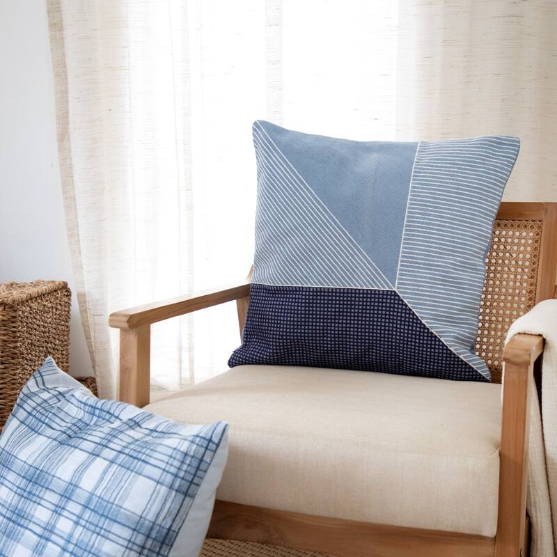 Handwoven Striped Embroidered Cotton Throw Pillow - 24" - Blue and White