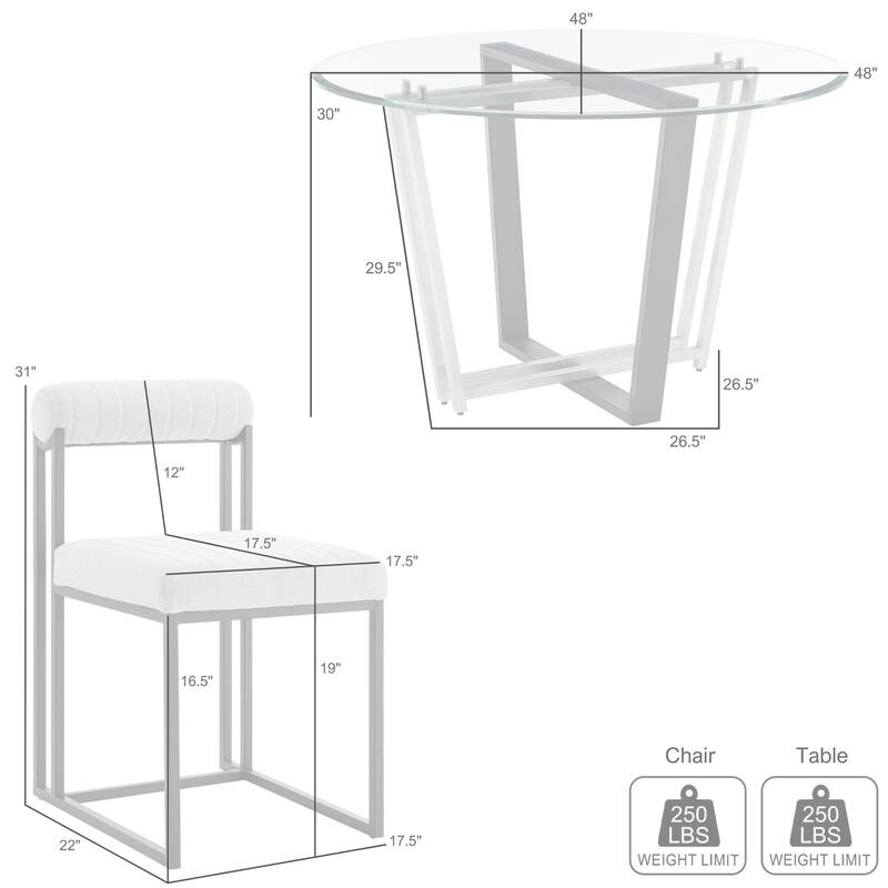 Devi Anastasia 5 Piece Round Glass Dining Table Set with Metal Frame and Upholstered Chairs
