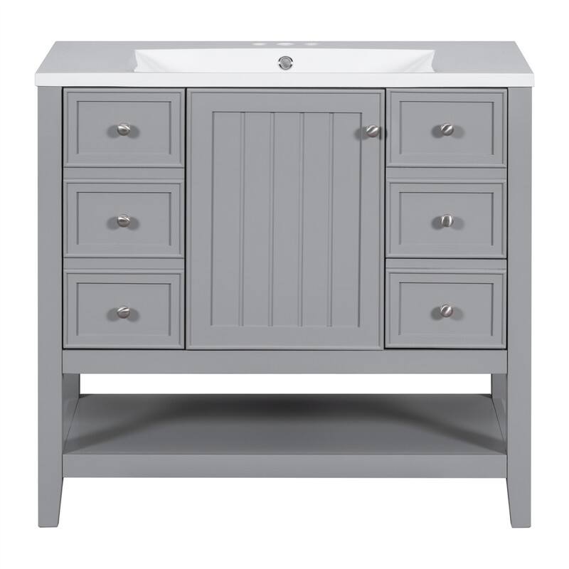 36" Bathroom Vanity with Ceramic Sink，Freestanding Bathroom Vanity Cabinet with 1 Door, 3 Storage Drawers and Adjustable Shelf