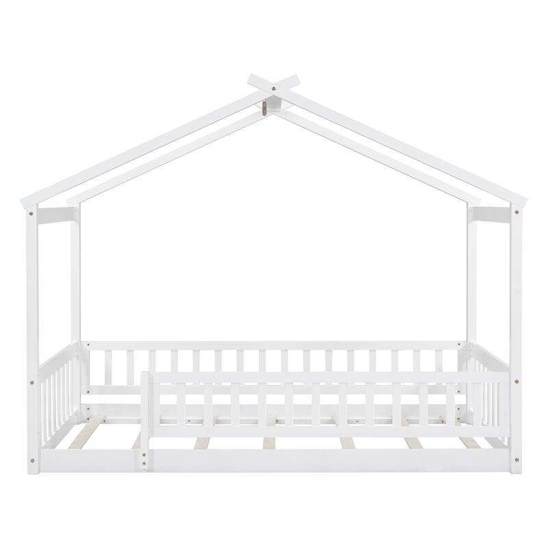 White Twin Size Wood House Bed Frame with Roof and Fence