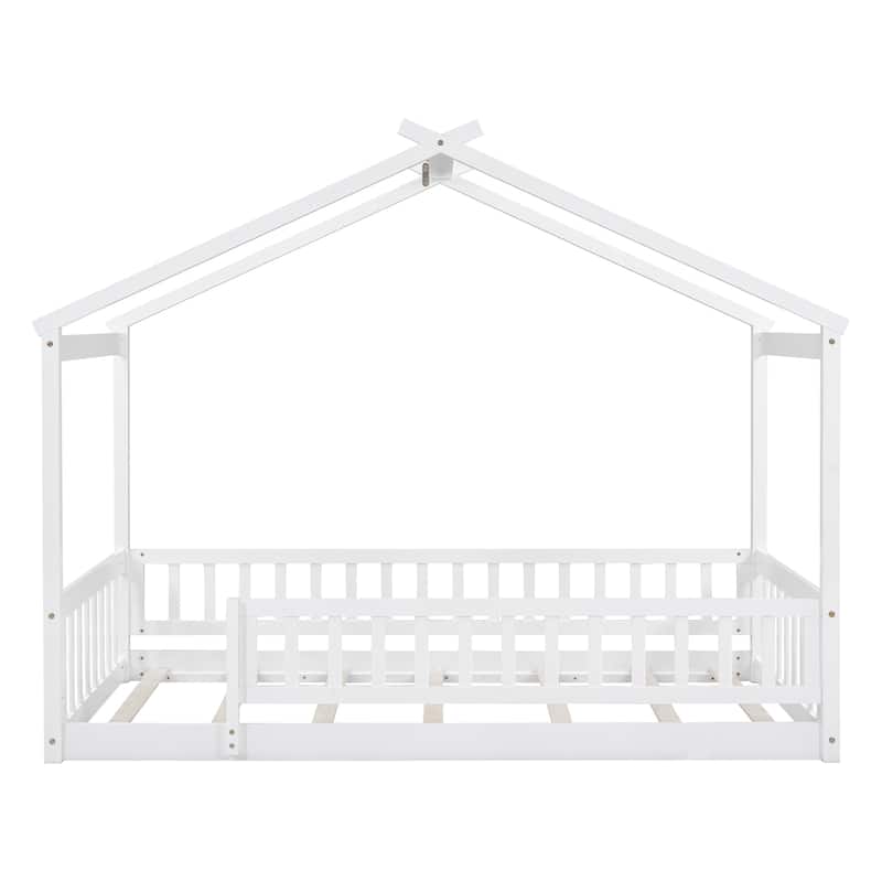 Wood House Bed Frame with Roof and Fence