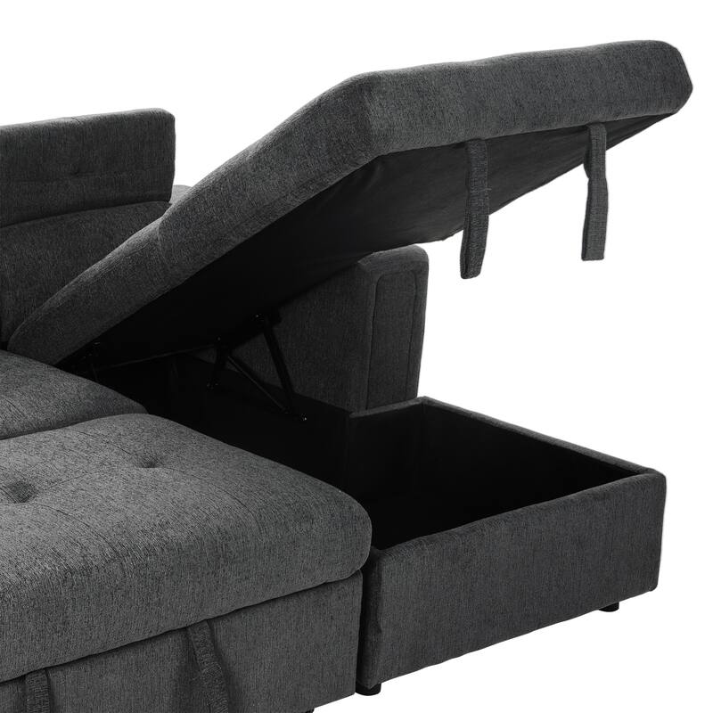 96" Linen L-Shaped Sectional Sofa Bed with Adjustable Headrest, Wireless Charging and Hidden Storage
