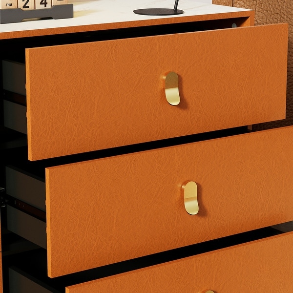 6 Drawer Dresser with Leather Pattern Drawers Faux Marble Top - Brown 6 Drawer Dresser with Leather Pattern Drawers Faux Marble Top - Brown