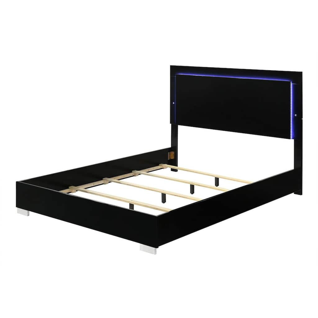 Suni Queen Size Bed w LED Headboard, Piano Black Wood Frame