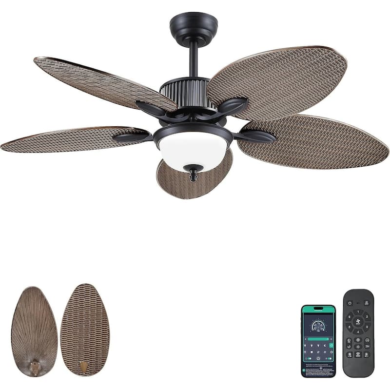 50 Inch Tropical Ceiling Fan with Llight Brown Palm Leaf Blades Glass Light Cover - 50 Inches - Brown